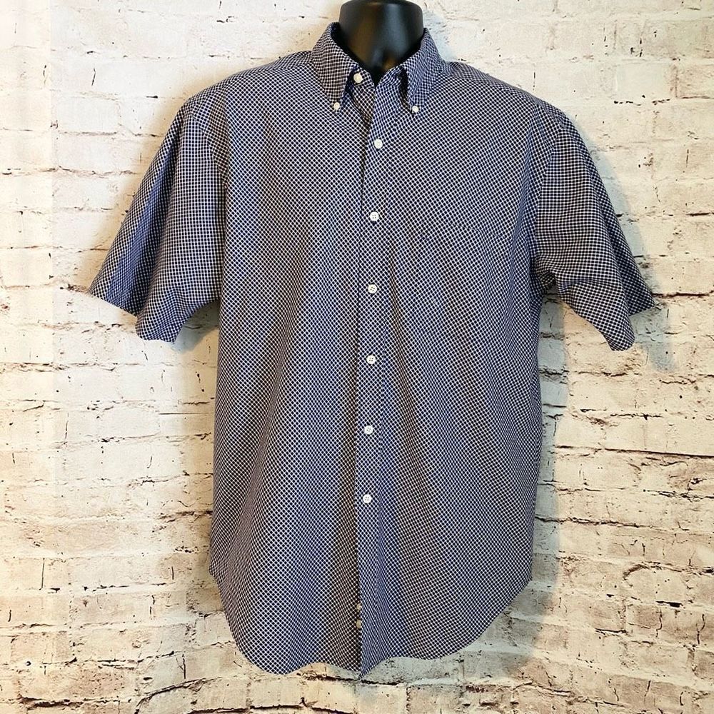 Austin Reed Short Sleeve Men’s Button Down Shirt Blue White Plaid Size Large